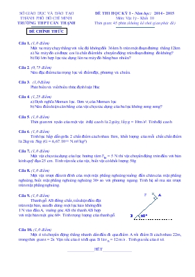 Đề thi học kỳ I - Năm học 2014 - 2015 môn Vật lý - Khối 10 thời gian 45 phút (không kể thời gian phát đề)